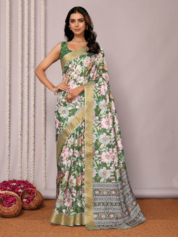 Janasya - Women's Green Chanderi Silk Floral Printed Saree with Unstitched Blouse