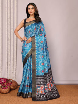 Janasya - Women's Blue Chanderi Silk Ikat Printed Saree with Unstitched Blouse