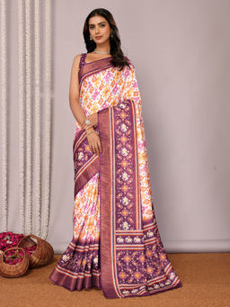 Janasya - Women's Multi-Color Chanderi Silk Ikat Printed Saree with Unstitched Blouse