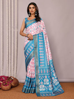 Janasya - Women's Blue Chanderi Silk Ikat Printed Saree with Unstitched Blouse