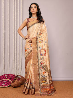 Janasya - Women's Beige Chanderi Silk Warli Print Printed Saree with Unstitched Blouse