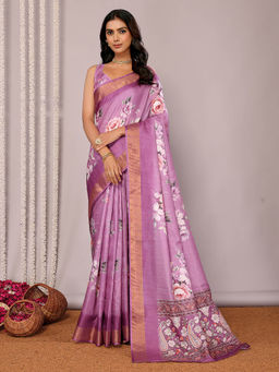 Janasya - Women's Purple Chanderi Silk Floral Printed Saree with Unstitched Blouse