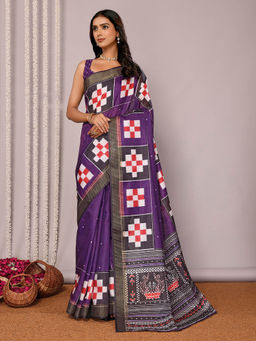 Janasya - Women's Purple Chanderi Silk Geometric Printed Saree with Unstitched Blouse