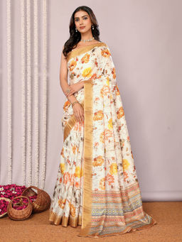 Janasya - Women's Cream Chanderi Silk Floral Printed Saree with Unstitched Blouse