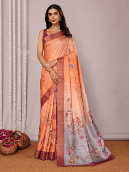 Janasya - Women's Orange Chanderi Silk Floral Printed Saree with Unstitched Blouse