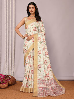 Janasya - Women's Cream Chanderi Silk Floral Printed Saree with Unstitched Blouse