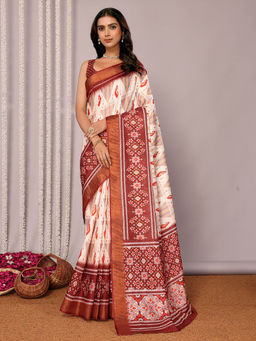 Janasya - Women's Cream Chanderi Silk Ikat Printed Saree with Unstitched Blouse