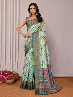 Janasya - Women's Green Chanderi Silk Chevron Printed Saree with Unstitched Blouse
