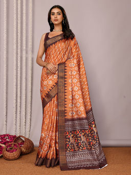 Janasya - Women's Orange Chanderi Silk Ikat Printed Saree with Unstitched Blouse