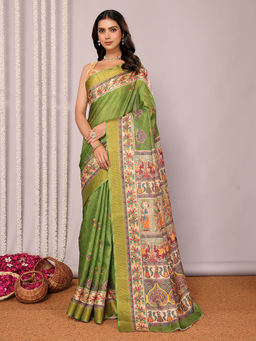 Janasya - Women's Green Chanderi Silk Kalamkari Printed Saree with Unstitched Blouse