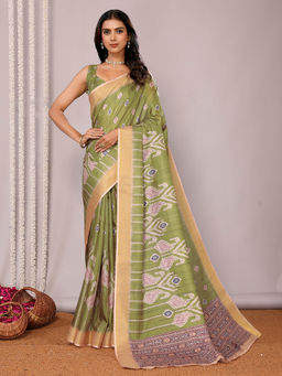 Janasya - Women's Green Chanderi Silk Ikat Printed Saree with Unstitched Blouse