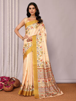 Janasya - Women's Beige Chanderi Silk Floral Printed Saree with Unstitched Blouse