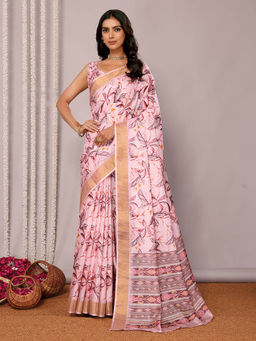 Janasya - Women's Light Pink Chanderi Silk Floral Printed Saree with Unstitched Blouse