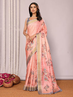 Janasya - Women's Peach Chanderi Silk Floral Printed Saree with Unstitched Blouse