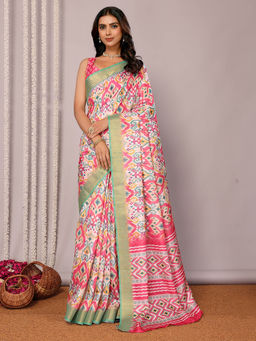 Janasya - Women's Pink Chanderi Silk Ikat Printed Saree with Unstitched Blouse