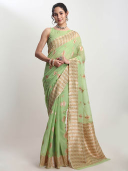 Janasya - Women's Green Linen Blend Geometric Woven Design Jacquard Saree with Unstitched Blouse