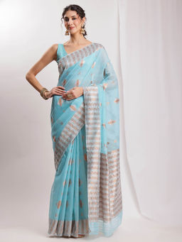 Janasya - Women's Sky Blue Linen Blend Geometric Woven Design Jacquard Saree with Unstitched Blouse