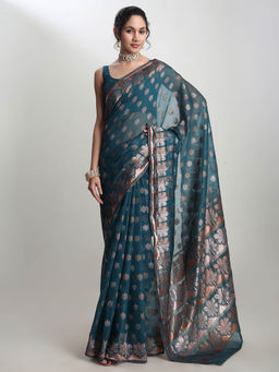 Janasya - Women's Teal Blue Linen Blend Floral Woven Design Jacquard Saree with Unstitched Blouse