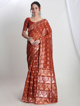 Janasya - Women's Rust Linen Blend Floral Woven Design Jacquard Saree with Unstitched Blouse