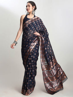 Janasya - Women's Indigo Linen Blend Floral Woven Design Jacquard Saree with Unstitched Blouse