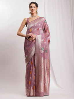 Janasya - Women's Mauve Linen Blend Floral Woven Design Jacquard Saree with Unstitched Blouse