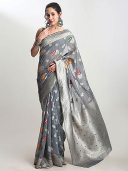 Janasya - Women's Grey Linen Blend Woven Design Jacquard Saree with Unstitched Blouse