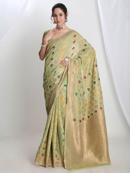 Janasya - Women's Green Linen Blend Geometric Woven Design Jacquard Saree with Unstitched Blouse