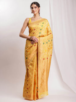 Janasya - Women's Yellow Linen Blend Geometric Woven Design Jacquard Saree with Unstitched Blouse