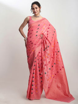 Janasya - Women's Peach Linen Blend Geometric Woven Design Jacquard Saree with Unstitched Blouse