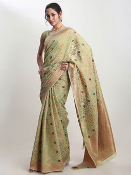 Janasya - Women's Light Green Linen Blend Floral Woven Design Jacquard Saree with Unstitched Blouse