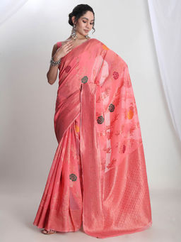 Janasya - Women's Coral Linen Blend Floral Woven Design Jacquard Saree with Unstitched Blouse