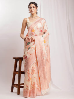 Janasya - Women's Beige Linen Blend Floral Woven Design Jacquard Saree with Unstitched Blouse