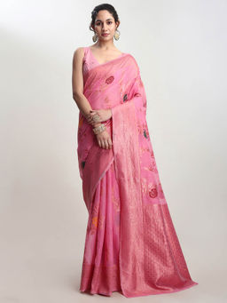 Janasya - Women's Pink Linen Blend Floral Woven Design Jacquard Saree with Unstitched Blouse