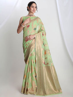 Janasya - Women's Light Green Linen Blend Floral Woven Design Jacquard Saree with Unstitched Blouse