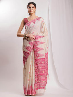 Janasya - Women's Pink Silk Blend Ikat Woven Design Jacquard Saree with Unstitched Blouse