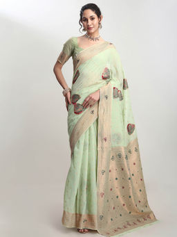 Janasya - Women's Light Green Linen Blend Kalamkari Woven Design Jacquard Saree with Unstitched Blouse