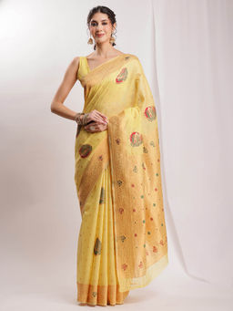 Janasya - Women's Yellow Linen Blend Kalamkari Woven Design Jacquard Saree with Unstitched Blouse