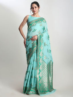 Janasya - Women's Sea Green Linen Blend Floral Woven Design Jacquard Saree with Unstitched Blouse