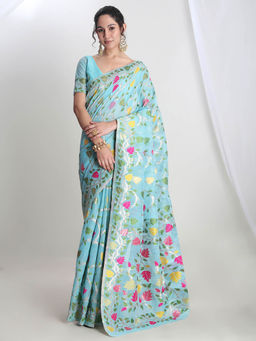Janasya - Women's Sky Blue Silk Blend Floral Woven Design Jacquard Saree with Unstitched Blouse