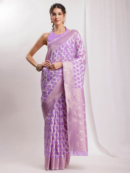Janasya - Women's Lavender Linen Blend Geometric Woven Design Jacquard Saree with Unstitched Blouse