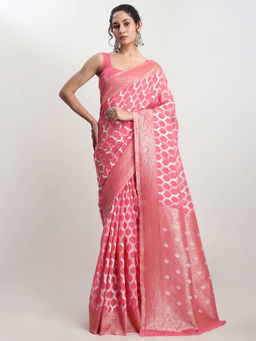 Janasya - Women's Pink Linen Blend Geometric Woven Design Jacquard Saree with Unstitched Blouse