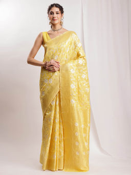 Janasya - Women's Yellow Linen Blend Woven Design Jacquard Saree with Unstitched Blouse