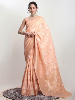 Janasya - Women's Peach Linen Blend Floral Woven Design Jacquard Saree with Unstitched Blouse