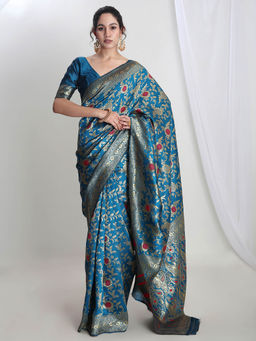 Janasya - Women's Blue Silk Blend Floral Woven Design Jacquard Saree with Unstitched Blouse