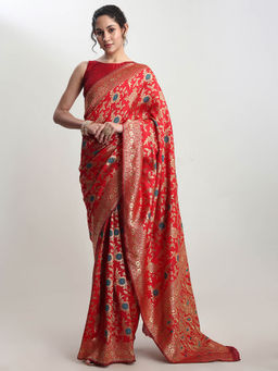 Janasya - Women's Red Silk Blend Floral Woven Design Jacquard Saree with Unstitched Blouse