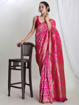 Janasya - Women's Pink Silk Blend Floral Woven Design Jacquard Saree with Unstitched Blouse