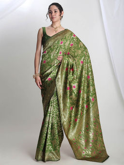 Janasya - Women's Green Silk Blend Floral Woven Design Jacquard Saree with Unstitched Blouse