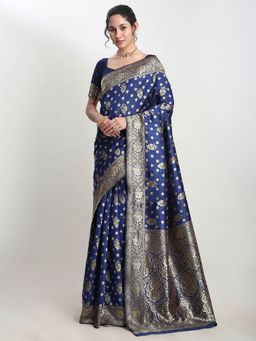 Janasya - Women's Blue Silk Blend Floral Woven Design Jacquard Saree with Unstitched Blouse