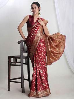 Janasya - Women's Maroon Silk Blend Floral Woven Design Jacquard Saree with Unstitched Blouse