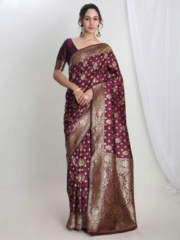 Janasya - Women's Purple Silk Blend Floral Woven Design Jacquard Saree with Unstitched Blouse